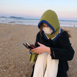 Winter knitted balaclava hood scarf set with touch screen wool gloves, chic fashion style.