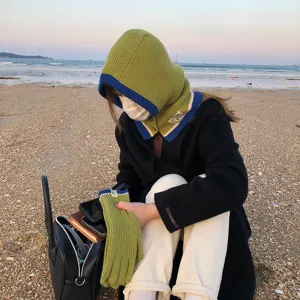 Green blue knit balaclava hooded scarf and matching gloves set for women winter warm