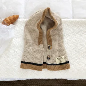 Knit hooded scarf winter warm balaclava cute children beanie hat with buttons beige