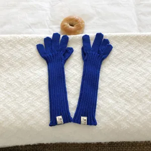 Gedetailleerd overzicht van blauwe gebreide lange handschoenen met gezellige textuur.