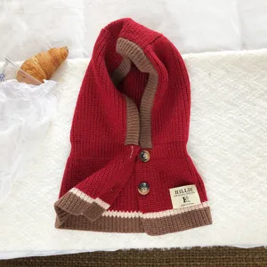 Knitted hooded scarf detail shot, red and brown colorblock winter warm balaclava neck warmer.