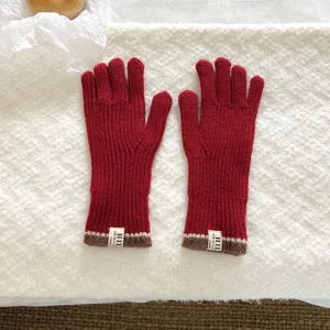 Winter warm knit gloves for women, solid red ribbed cuff five-finger touch screen gloves