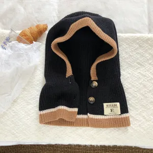 Knitted hooded scarf balaclava hat black brown contrast buttons winter warm thermal headwear