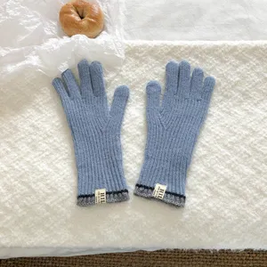 Detailed view of stylish winter knit gloves with blue ribbed design for cozy cold weather.