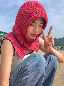 Knitted balaclava hood scarf in rose red, soft wool blend outdoor warm winter headwear detail.