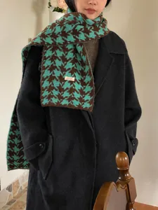 Sciarpa in maglia pied-de-poule verde e marrone stile coreano, calda sciarpa invernale.