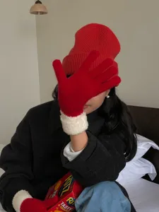 Winter thick warm knit gloves for women, cozy fleece cuff red wool gloves for cold weather.