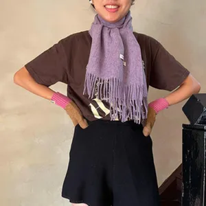 Koreanischer Stil Winter warme gestrickte lila Quaste Schal für Frauen gemütliche Herbst Mode