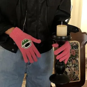 Niedliche rosa Strickhandschuhe für den Winter warme Fünffingerschuhe mit Frosch Aufnäher Haupt