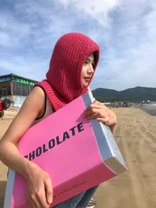 Pink knitted balaclava hood scarf winter warm fleece hat for women outdoor beach daily wear fashion stylish
