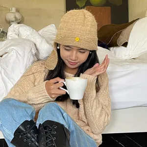 Korean style knitted beanie winter warm solid color hat with cute embroidered smiley face for women