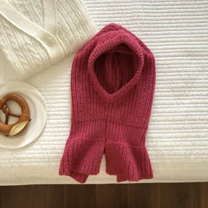 Knitted balaclava hood scarf in magenta, warm winter integrated hat and scarf design for women.