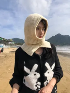 Beige knitted balaclava hooded scarf warm winter fleece beanie cap for women and girls.