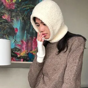 Winter warm knitted balaclava hat solid color cozy fleece beanie for women and men daily wear