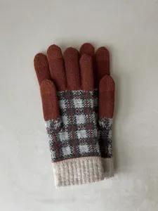 Winter warm knit gloves with color-blocking plaid design, cozy and thick for cold weather.