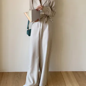 Beige casual pantsuit stylish waist scarf fashion outfit elegant urban women daily wear apparel