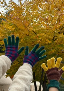 Close-up detail of colorful knit gloves featuring plaid and solid contrast designs outdoors.