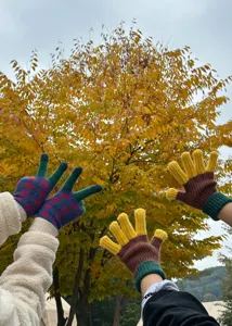 Detail view of winter color-blocking knitted wool gloves, warm and stylish couple style.