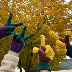 Winter color-blocked knit gloves, thick warm touch-screen gloves for couples cycling.
