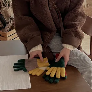Japanese style autumn winter knit five finger gloves colorblock warm cozy colorful winter wear