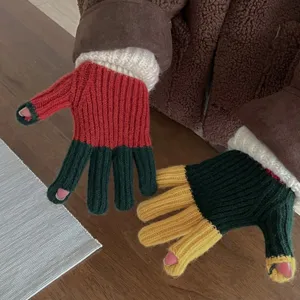 Knit touch screen gloves detail, colorful winter warm gloves, soft material display view.