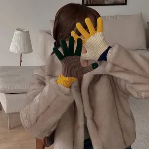Japanese style autumn winter five finger gloves warm cozy colorblock knit touch screen gloves