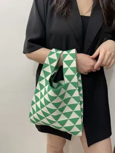 Borsa shopper in maglia geometrica verde e bianca, elegante borsa a mano casual capiente.