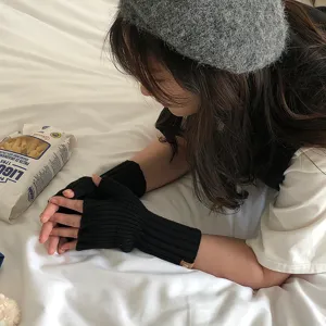 Guantes de punto sin dedos negros invierno cálidos lana guantes acanalados detalle