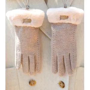 Close-up detail of winter women warm plush cuff knitted gloves, fleece lined thermal cold proof.