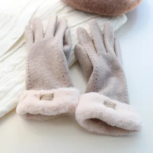 Women winter warm fleece lined suede gloves with plush cuffs, windproof and stylish design.