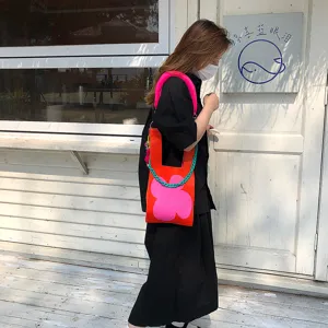 Ιαπωνικού στιλ πλεκτή τσάντα ώμου με λουλούδια και αλυσίδα μοντέρνα γυναικεία τσάντα χειρός
