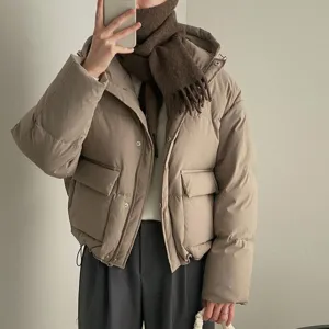Piumino invernale beige e sciarpa in maglia marrone, comodo outfit coreano per la stagione fredda.