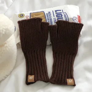 Guantes de punto sin dedos marrones para hombres y mujeres, mitones de lana calientes.
