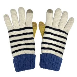 Detailansicht der Strickhandschuhe mit klassischem Streifenmuster und blauen Rippenbündchen.