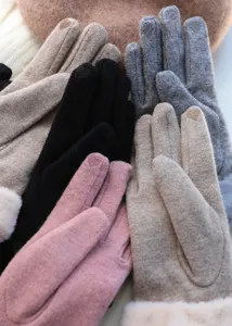 Women winter touchscreen gloves detail, warm fleece lined knitted fabric, multi color design.