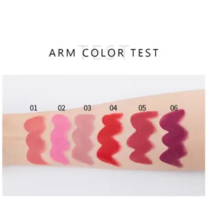 Matte lipstick arm swatch detail showing six vibrant shades with smooth velvety texture.