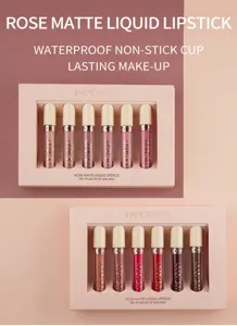 Dettagli del set di 6 rossetti liquidi opachi rosa Handaiyan con finitura impermeabile.