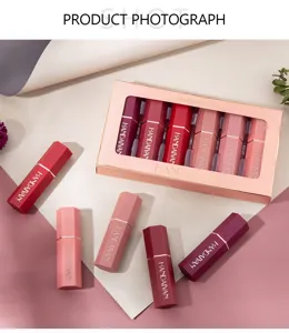 Matte hexagon lipstick set detail showing multiple color shades and elegant gift box packaging.