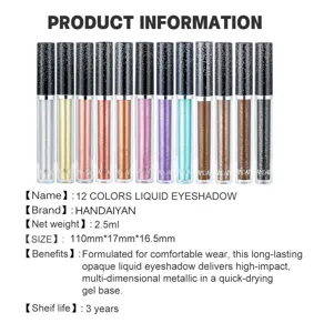 Detailed view of 12 colors liquid eyeshadow set featuring sparkling metallic shades for makeup.