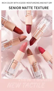 Detail shot of matte lipstick texture, smooth application and vibrant nude lip color showcase.