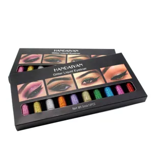 Detailed view of the 10-color glitter liquid eyeliner set packaging with sparkling shades.