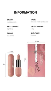 Dimensioni dettagliate e parametri specifici del prodotto rossetto in mousse HANDAIYAN.