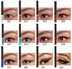 Primo piano dettagliato che mostra campioni di eyeliner liquido colorato e trucco.