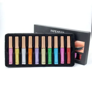 Glitter liquid eyeliner set detail view, showing ten colorful sparkly shades in black tray.