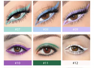 Detailed close-up view showing vibrant colored eyeliner makeup effect on eyes, smooth finish.