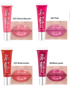 Vue détaillée du gloss à lèvres jelly HANDAIYAN en quatre teintes avec des swatches.