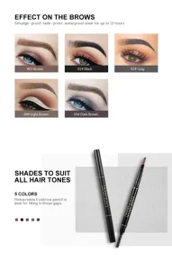 Dual-head eyebrow pencil detail showing 5 shades and fine spoolie brush for natural brows.