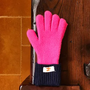 Gezellige roze en donkerblauwe gebreide winterhandschoenen, warme pluche thermische handschoenen.