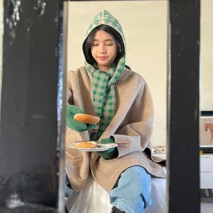 Green plaid knitted hooded scarf, winter warm fleece beanie shawl combo for women stylish daily wear