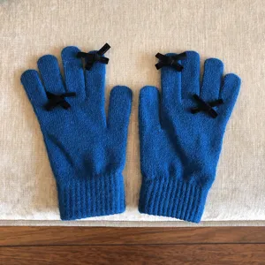 Blau Strickhandschuhe Damen Winter warm Fünffinger Handschuhe süße Schleife thermisch kältesicher